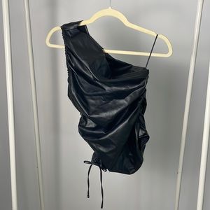 Black faux leather one shoulder top